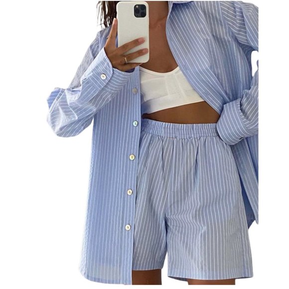 Tops - Blue Striped 2-Piece Long Sleeve Shorts Set - Size Small - NWT